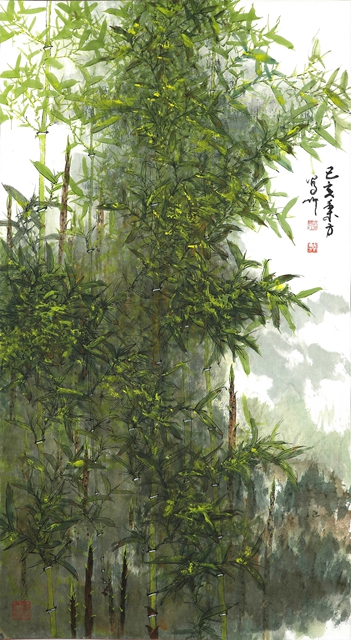 烟雨丛竹图轴