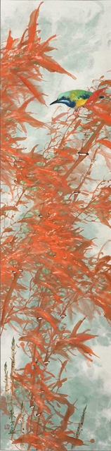 赤竹翠鸟图轴