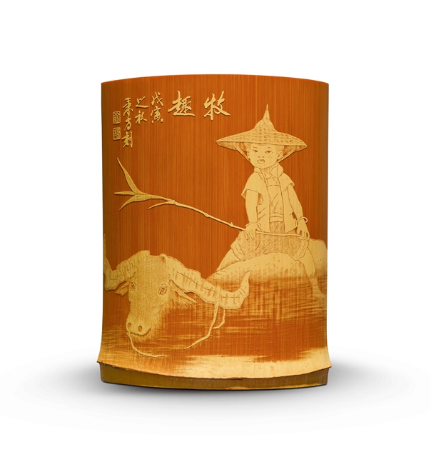 留青竹刻牧趣台屏